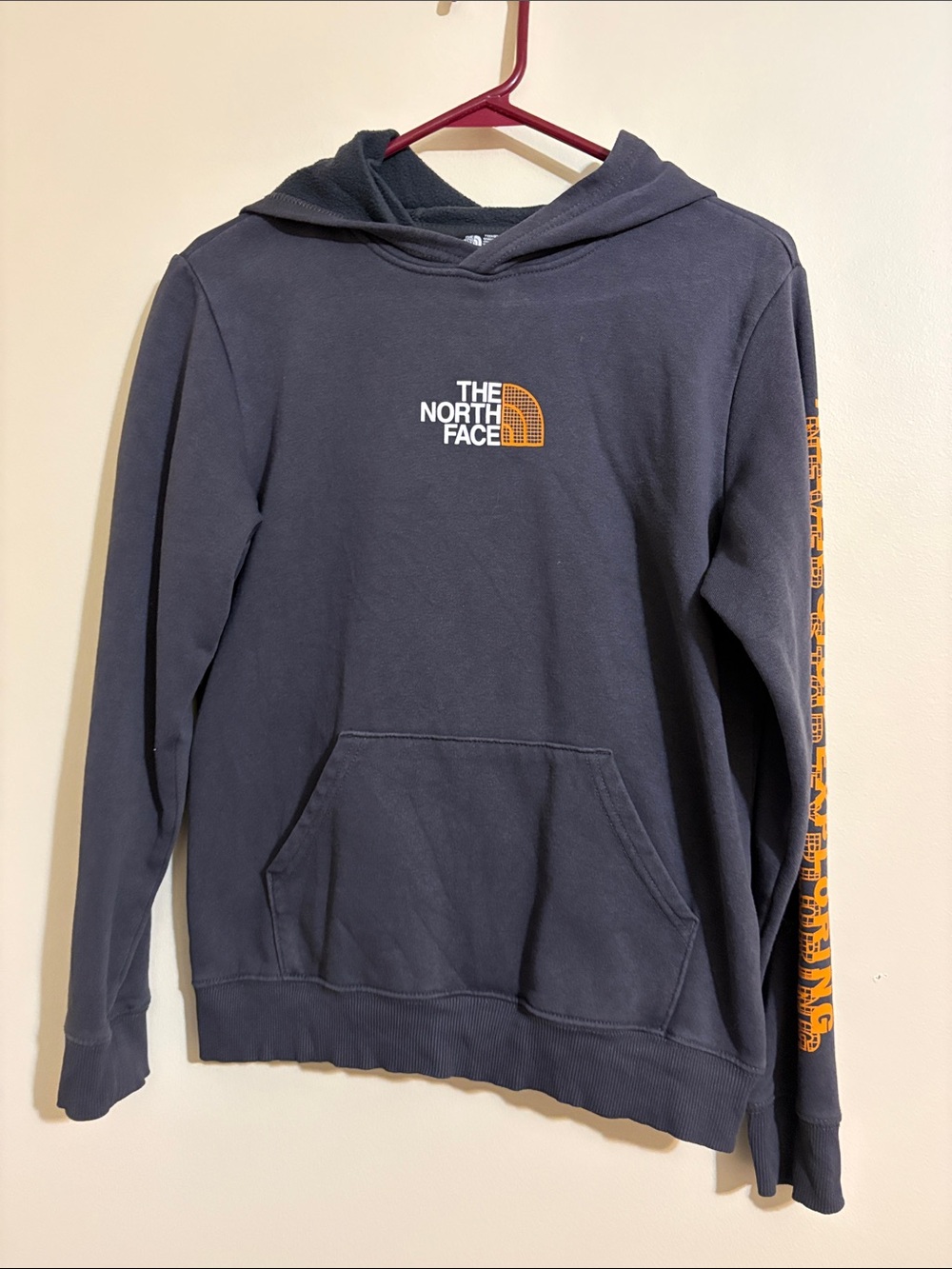 The North Face Men's Navy Crewneck Hoodie with Orange Logo